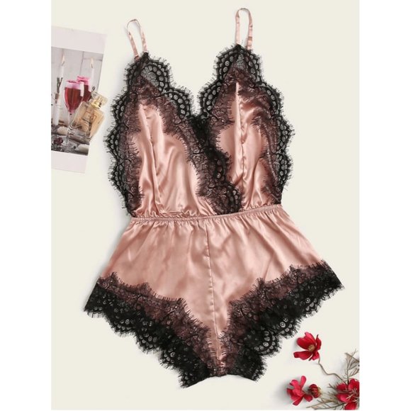 Eyelash Lace Satin Romper Bodysuit - Picture 9 of 9